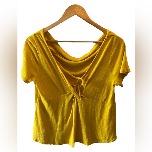 MAEVE Anthropologie Yellow Horizon Top Sz S 100% Linen Tee Crossover Tie Back - Picture 4 of 9